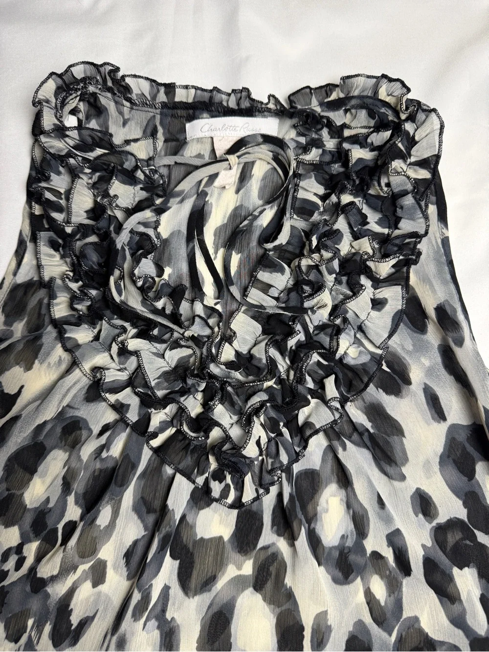 Sleeveless Ruffle Leopard Print Dress - Black & White